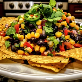 Vibrant Black Bean and Corn Salsa with glossy black beans, sweet golden corn, bright red peppers, and green jalapeño slices, garnished with fresh cilantro, served on crisp tortilla chips atop a white plate.