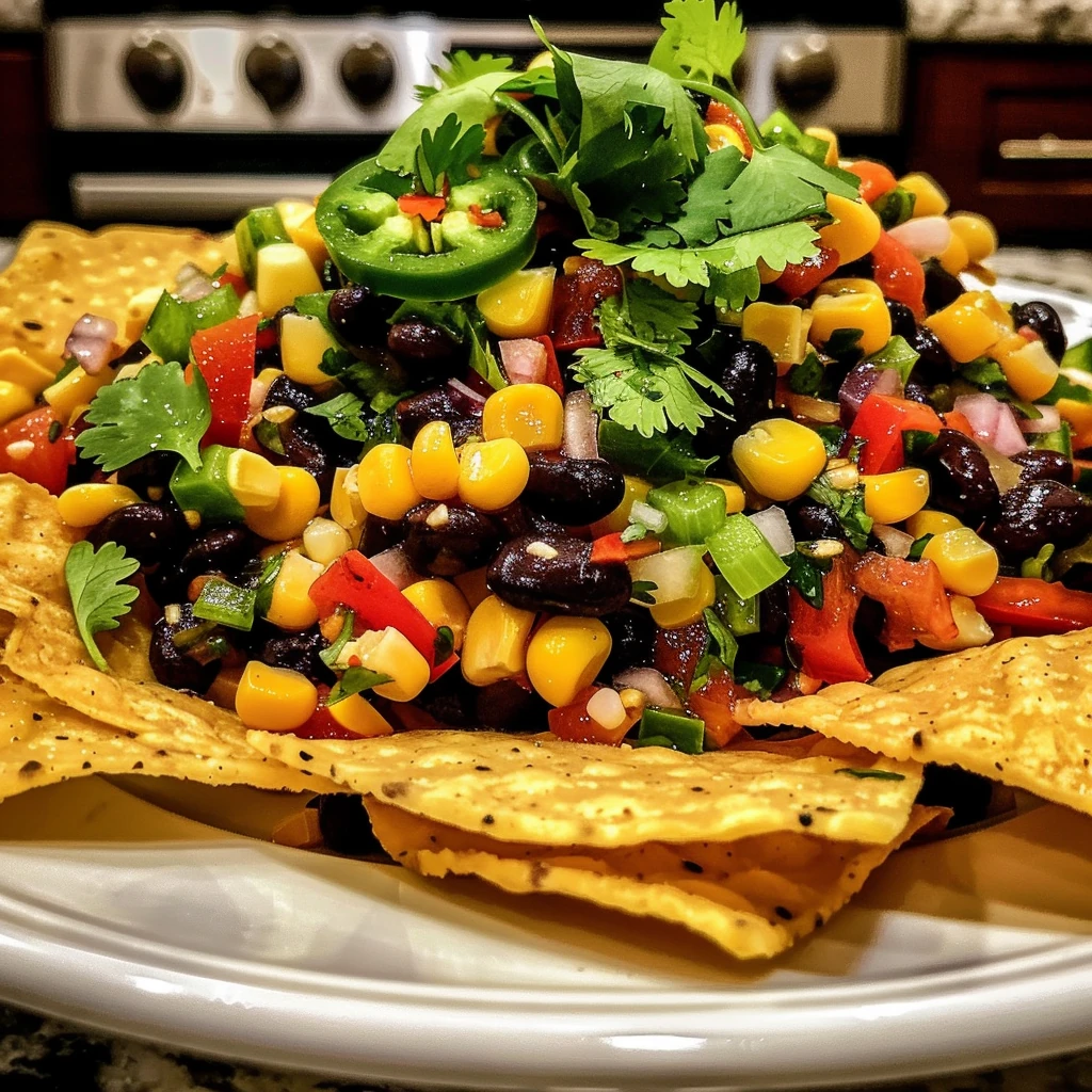 Vibrant Black Bean and Corn Salsa with glossy black beans, sweet golden corn, bright red peppers, and green jalapeño slices, garnished with fresh cilantro, served on crisp tortilla chips atop a white plate.