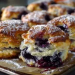 Golden, flaky Blueberry Biscuits bursting with juicy blueberries and dusted with powdered sugar, beautifully arranged on a baking sheet for an inviting homemade presentation.