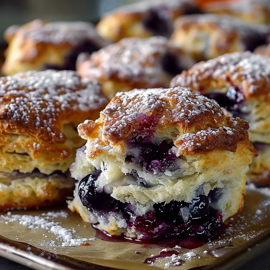 Golden, flaky Blueberry Biscuits bursting with juicy blueberries and dusted with powdered sugar, beautifully arranged on a baking sheet for an inviting homemade presentation.