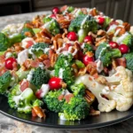 Vibrant Broccoli Cauliflower Cranberry Salad with Bacon on black plate, garnished with pecans, glistening cranberries, and creamy dressing for a colorful, appetizing presentation