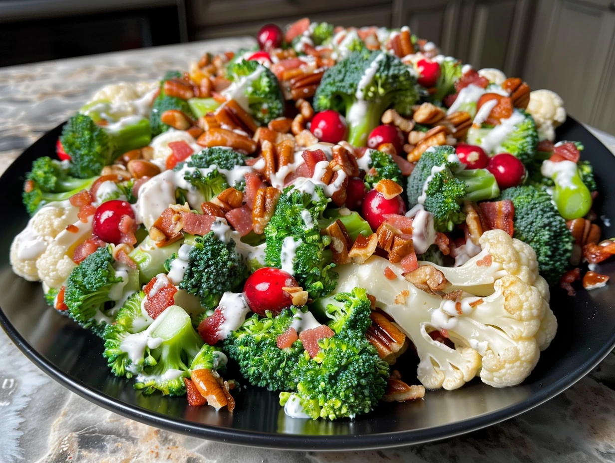 Vibrant Broccoli Cauliflower Cranberry Salad with Bacon on black plate, garnished with pecans, glistening cranberries, and creamy dressing for a colorful, appetizing presentation