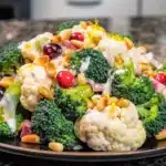 Vibrant Broccoli Cauliflower Salad with Honey Lemon Dressing, topped with toasted pine nuts, red onions, and dried cranberries on a dark plate, featuring fresh green, white, and ruby colors with a creamy dressing drizzle.