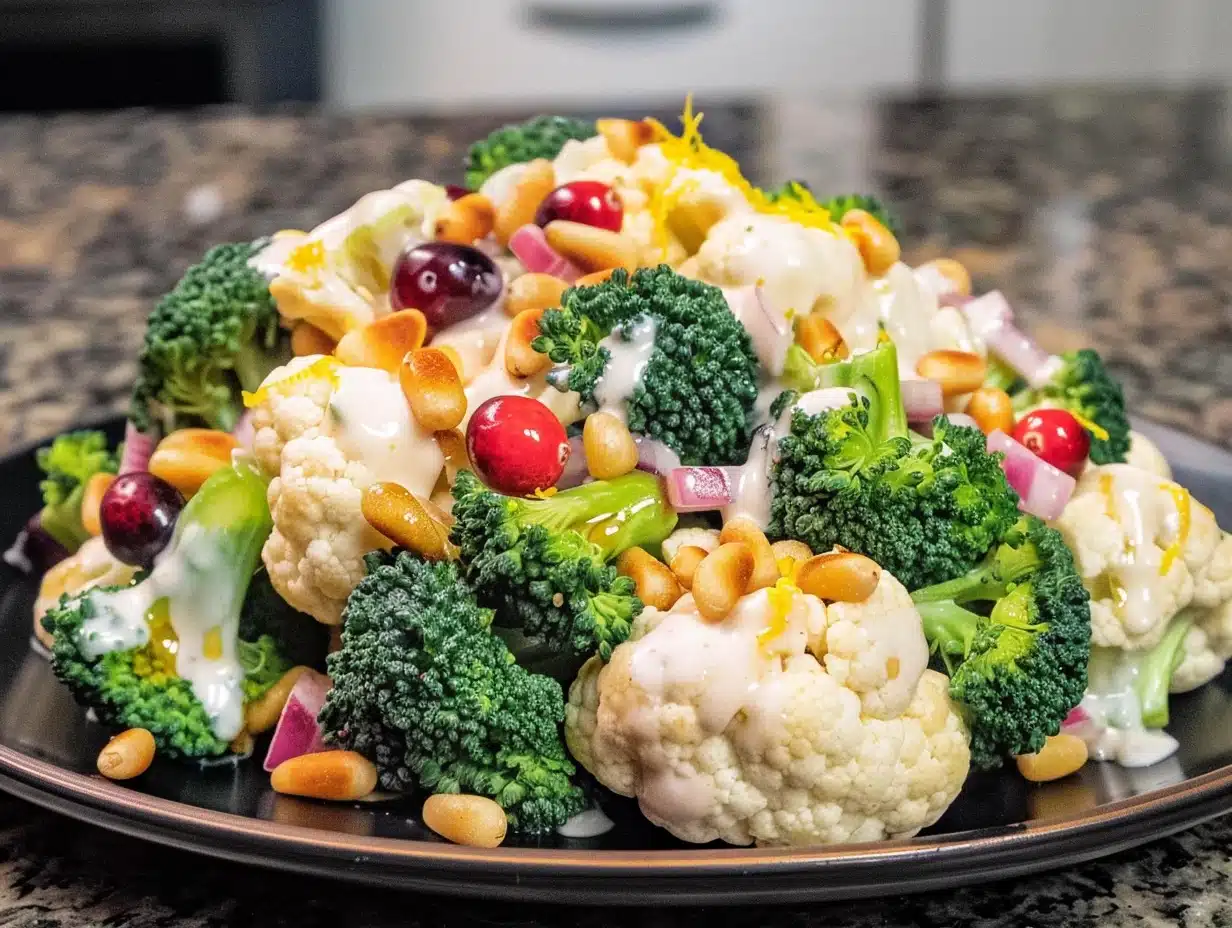 Vibrant Broccoli Cauliflower Salad with Honey Lemon Dressing, topped with toasted pine nuts, red onions, and dried cranberries on a dark plate, featuring fresh green, white, and ruby colors with a creamy dressing drizzle.