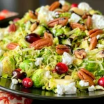 Bright Brussels Sprouts Salad with Cranberries, Pecans, and Apple on a black plate, featuring vibrant green Brussels sprout shreds, ruby cranberries, golden apple slices, toasted pecans, and creamy goat cheese, beautifully presented for a crisp, fresh look.