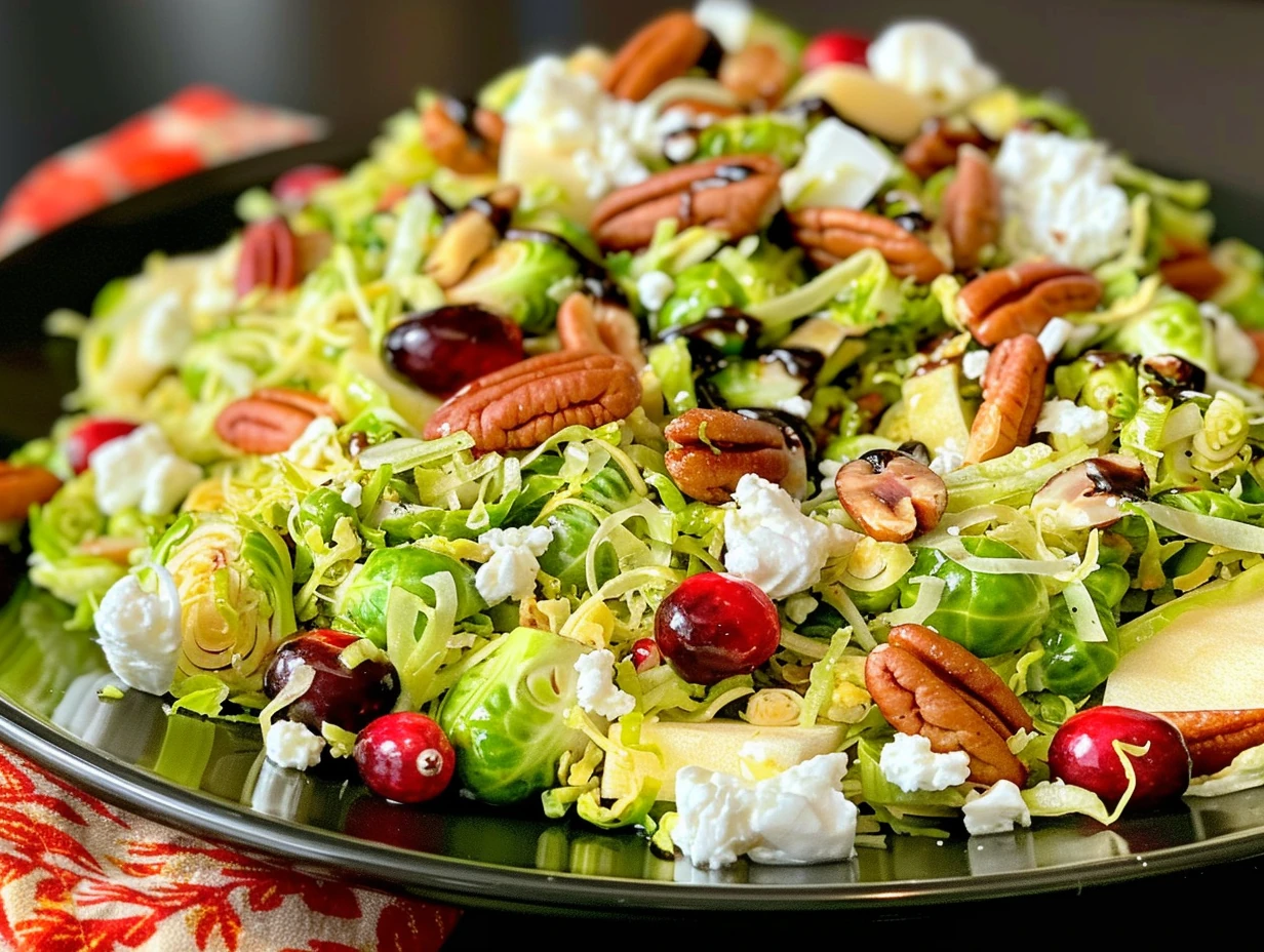 Bright Brussels Sprouts Salad with Cranberries, Pecans, and Apple on a black plate, featuring vibrant green Brussels sprout shreds, ruby cranberries, golden apple slices, toasted pecans, and creamy goat cheese, beautifully presented for a crisp, fresh look.
