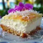 Golden coconut Catch a Husband Cake slice with creamy layers, topped with shredded coconut and vibrant purple flower, elegantly presented on a white plate