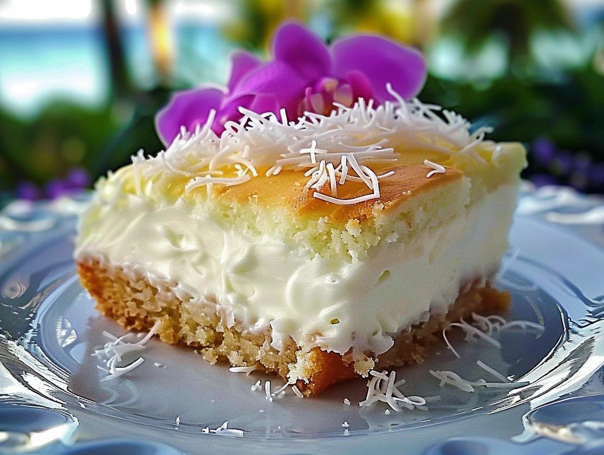Golden coconut Catch a Husband Cake slice with creamy layers, topped with shredded coconut and vibrant purple flower, elegantly presented on a white plate