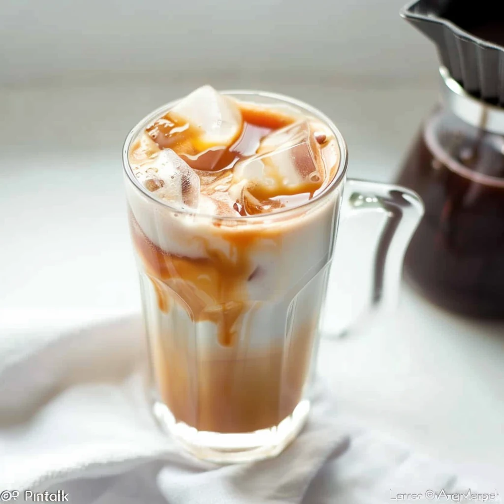 Chilled Copycat Starbucks Iced Caramel Macchiato in a clear glass, with creamy milk, golden caramel drizzle, vibrant espresso layers, and ice on a white napkin in natural light