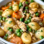 Golden creamy chicken and gnocchi pot pie with tender gnocchi, bright carrots, green peas, and pulled chicken in a luscious sauce, served in a white bowl.