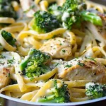 Closeup of Creamy Chicken Broccoli Alfredo Pasta with golden chicken pieces, vibrant broccoli florets, and creamy sauce atop fettuccine, garnished with parsley in a silver pan