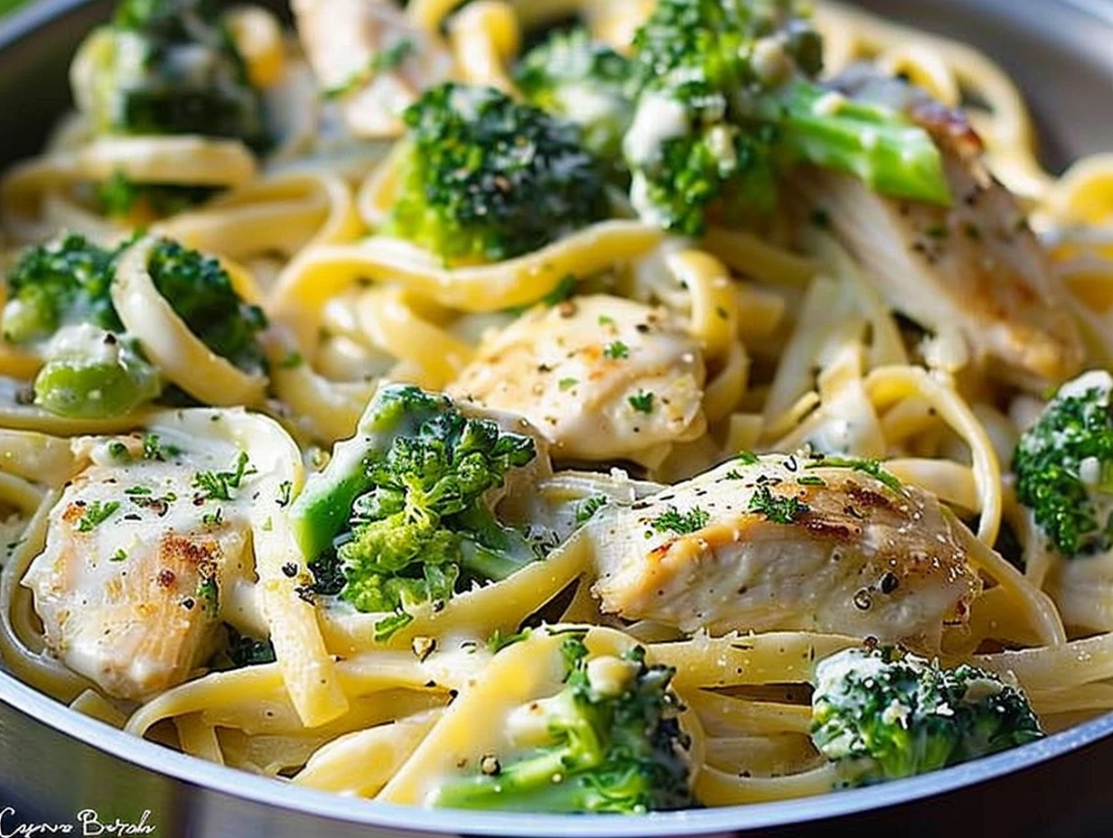 Closeup of Creamy Chicken Broccoli Alfredo Pasta with golden chicken pieces, vibrant broccoli florets, and creamy sauce atop fettuccine, garnished with parsley in a silver pan
