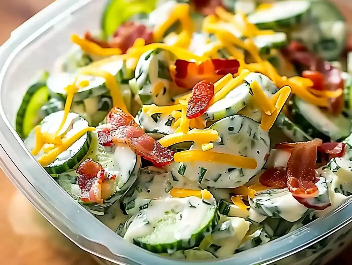 Creamy cucumber salad with bacon and cheddar cheese in a clear bowl, garnished with fresh dill and vibrant cheese shreds.