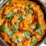 Vibrant creamy Indian pumpkin curry in a dark bowl, topped with fresh cilantro and pumpkin seeds, featuring a silky orange texture and colorful garnish.