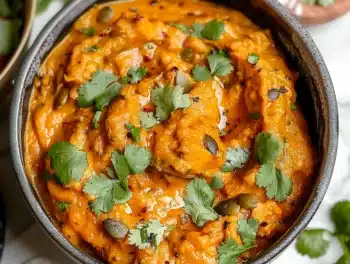 Vibrant creamy Indian pumpkin curry in a dark bowl, topped with fresh cilantro and pumpkin seeds, featuring a silky orange texture and colorful garnish.