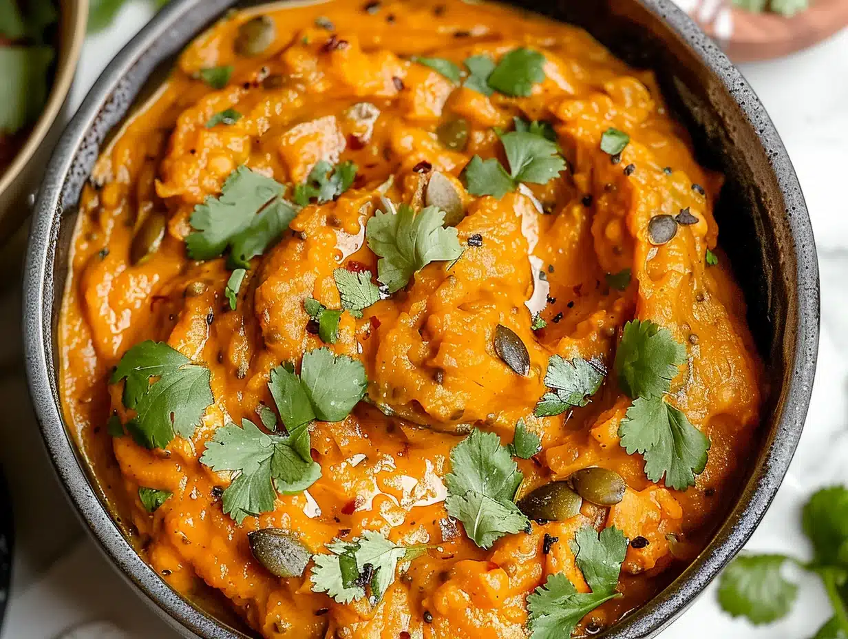 Vibrant creamy Indian pumpkin curry in a dark bowl, topped with fresh cilantro and pumpkin seeds, featuring a silky orange texture and colorful garnish.
