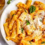 Golden-orange creamy pumpkin pasta with rigatoni, fresh parsley, and Parmesan, served in a white bowl, garnished with basil leaves and fine grated cheese for a festive, inviting appearance.