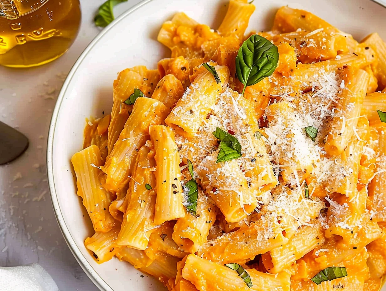Golden-orange creamy pumpkin pasta with rigatoni, fresh parsley, and Parmesan, served in a white bowl, garnished with basil leaves and fine grated cheese for a festive, inviting appearance.