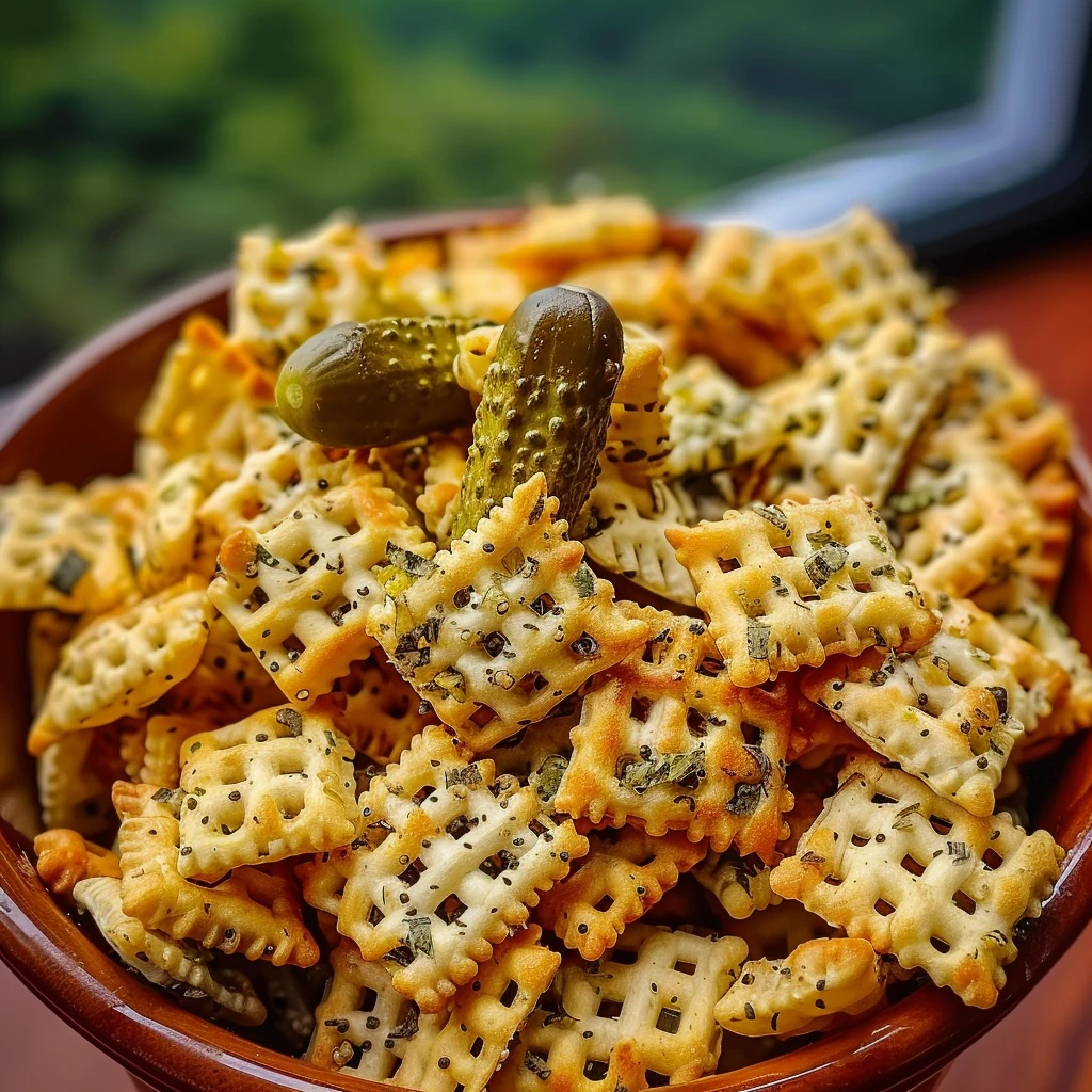 Golden Dill Pickle Chex Mix with flecks of seasoning and mini pickles, served in a rustic brown bowl, showcasing crunchy cereal and vibrant green herbs.