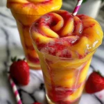 Two tall glasses of Easy Pineapple Strawberry Swirled Slushies with vibrant yellow pineapple and rich red strawberry swirls, topped with frothy peaks, striped straws, and fresh strawberries on a marble surface.