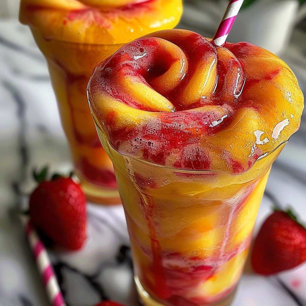Two tall glasses of Easy Pineapple Strawberry Swirled Slushies with vibrant yellow pineapple and rich red strawberry swirls, topped with frothy peaks, striped straws, and fresh strawberries on a marble surface.