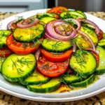 Fresh Cucumber Tomato Onion Salad with vivid green cucumber slices, bright red tomatoes, and crisp purple onion rings, garnished with fresh dill and glistening vinaigrette on a white plate.