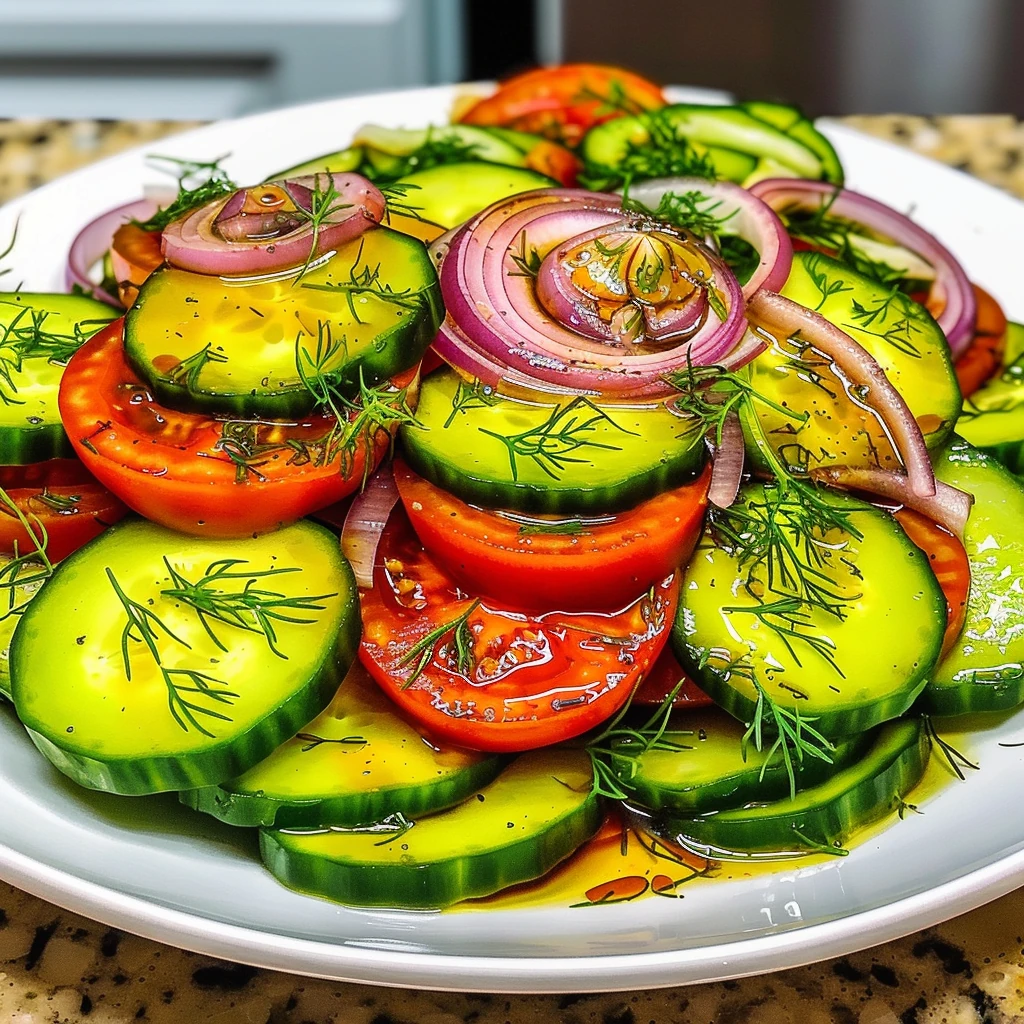 Fresh Cucumber Tomato Onion Salad with vivid green cucumber slices, bright red tomatoes, and crisp purple onion rings, garnished with fresh dill and glistening vinaigrette on a white plate.
