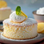 Fluffy golden Gâteau Nuage au Yaourt (Cloud Cake) dusted with powdered sugar, topped with whipped cream, lemon slice, and mint on a white plate