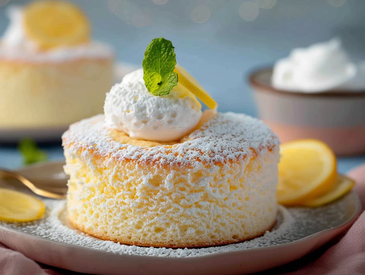 Fluffy golden Gâteau Nuage au Yaourt (Cloud Cake) dusted with powdered sugar, topped with whipped cream, lemon slice, and mint on a white plate