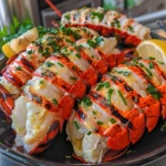 Vibrant grilled lobster tails, golden with herb garlic butter, fresh chives, and lemon wedges, beautifully arranged on a dark platter.