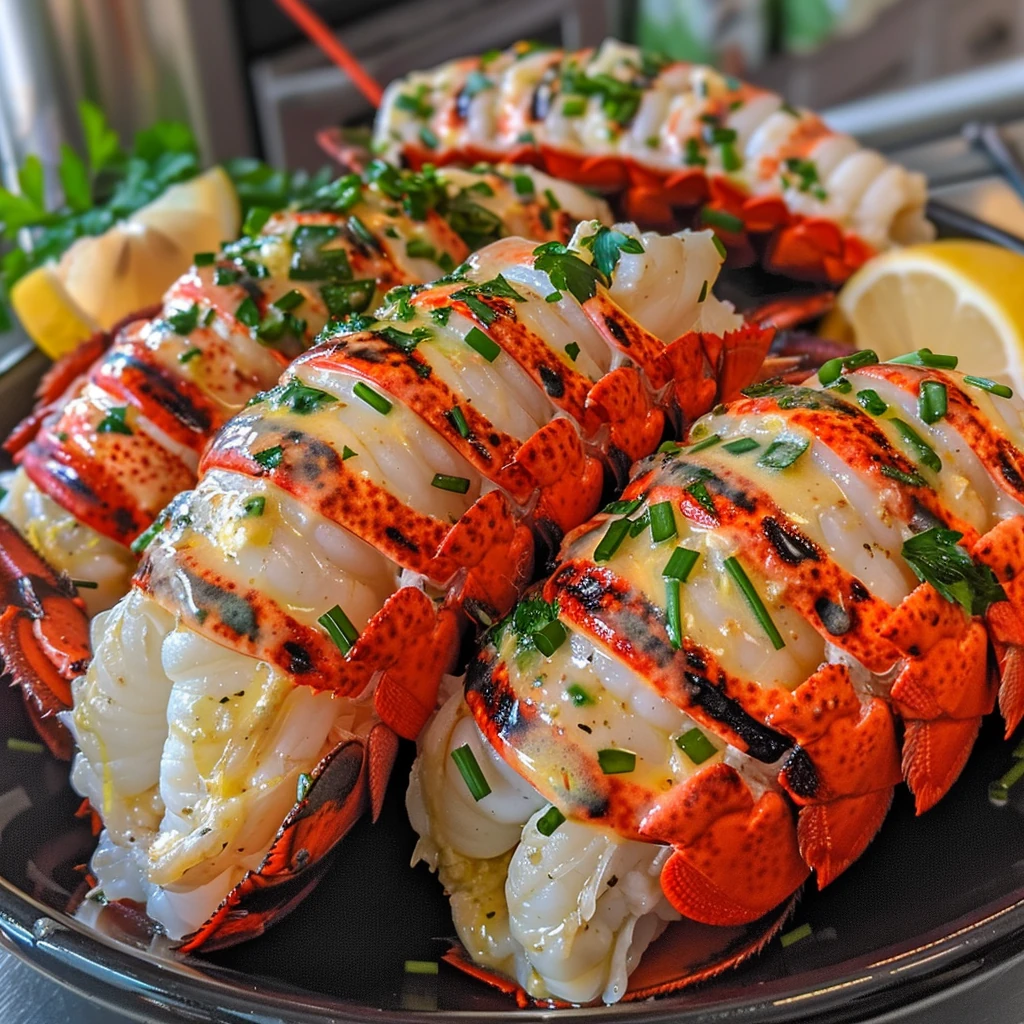 Vibrant grilled lobster tails, golden with herb garlic butter, fresh chives, and lemon wedges, beautifully arranged on a dark platter.