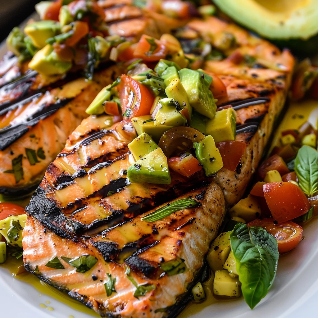 Vibrant grilled salmon fillets with dark char lines topped with colorful avocado bruschetta and cherry tomatoes, garnished with fresh basil, on a white platter.