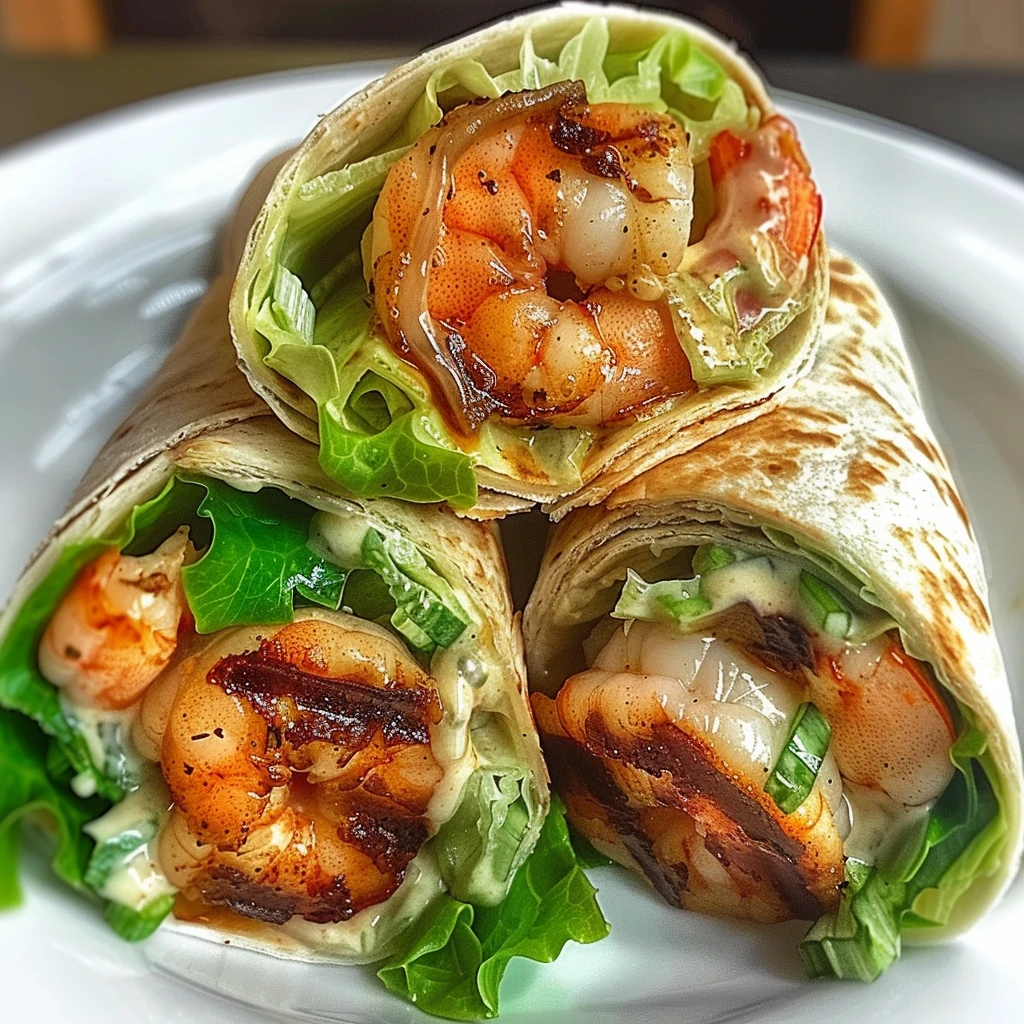 Grilled Shrimp Caesar Wraps with golden shrimp, crisp green lettuce, creamy dressing, and shaved Parmesan in toasted flour tortillas, beautifully stacked on a white plate.