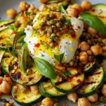 Vibrant grilled zucchini chickpea salad with creamy burrata, fresh herbs, and red chili oil, artfully arranged on a white plate with golden chickpeas and bright green basil leaves.