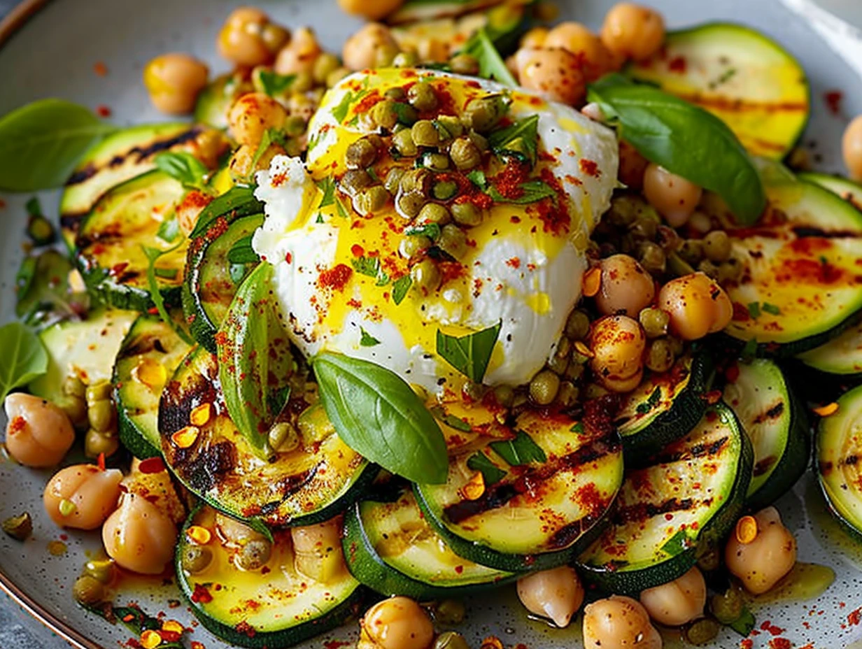 Vibrant grilled zucchini chickpea salad with creamy burrata, fresh herbs, and red chili oil, artfully arranged on a white plate with golden chickpeas and bright green basil leaves.