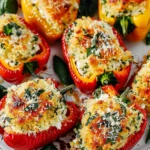 Colorful Herby Ricotta Stuffed Peppers with golden breadcrumb tops, creamy filling, and fresh herbs, artfully arranged on a decorative white plate.