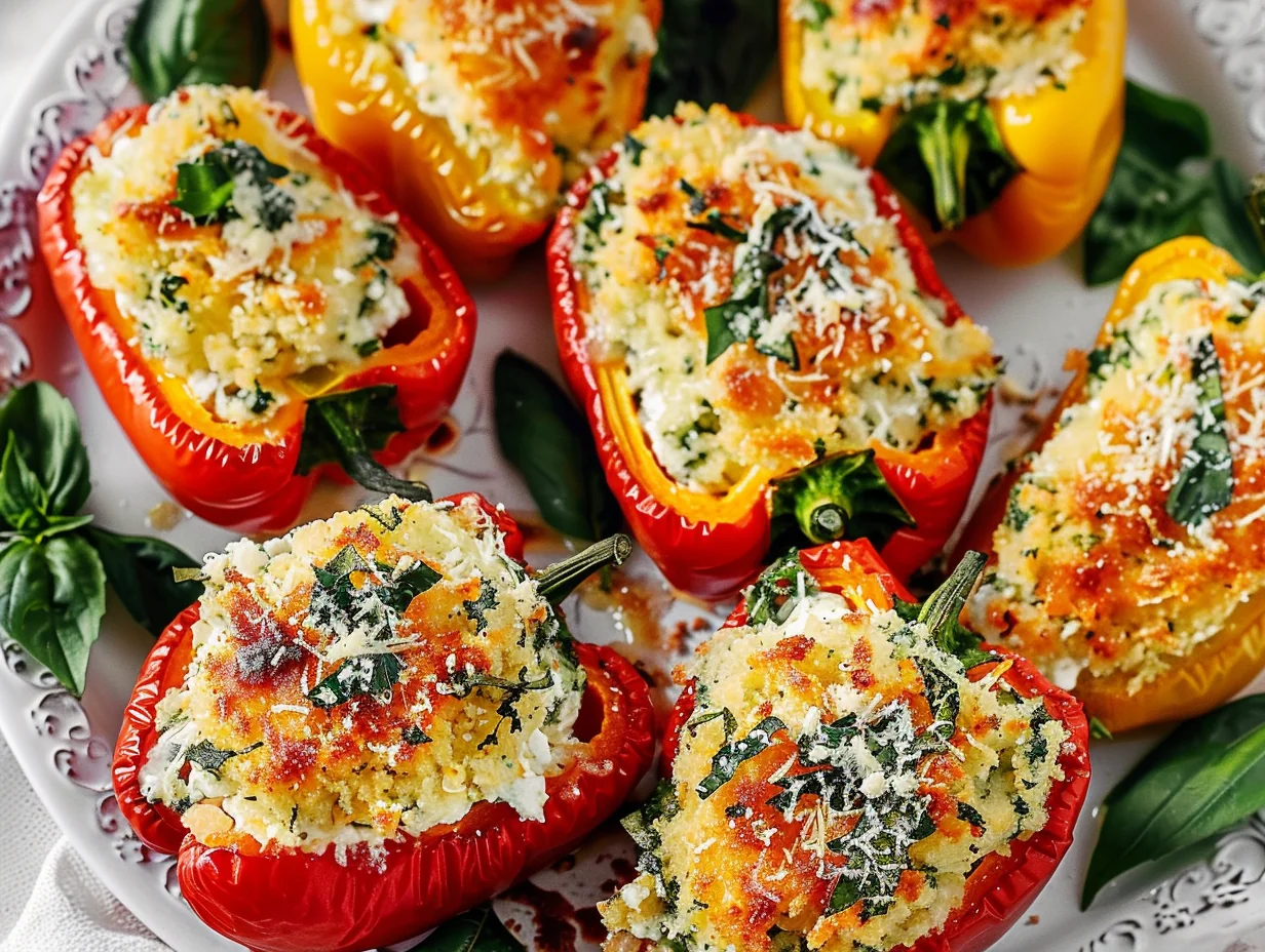 Colorful Herby Ricotta Stuffed Peppers with golden breadcrumb tops, creamy filling, and fresh herbs, artfully arranged on a decorative white plate.