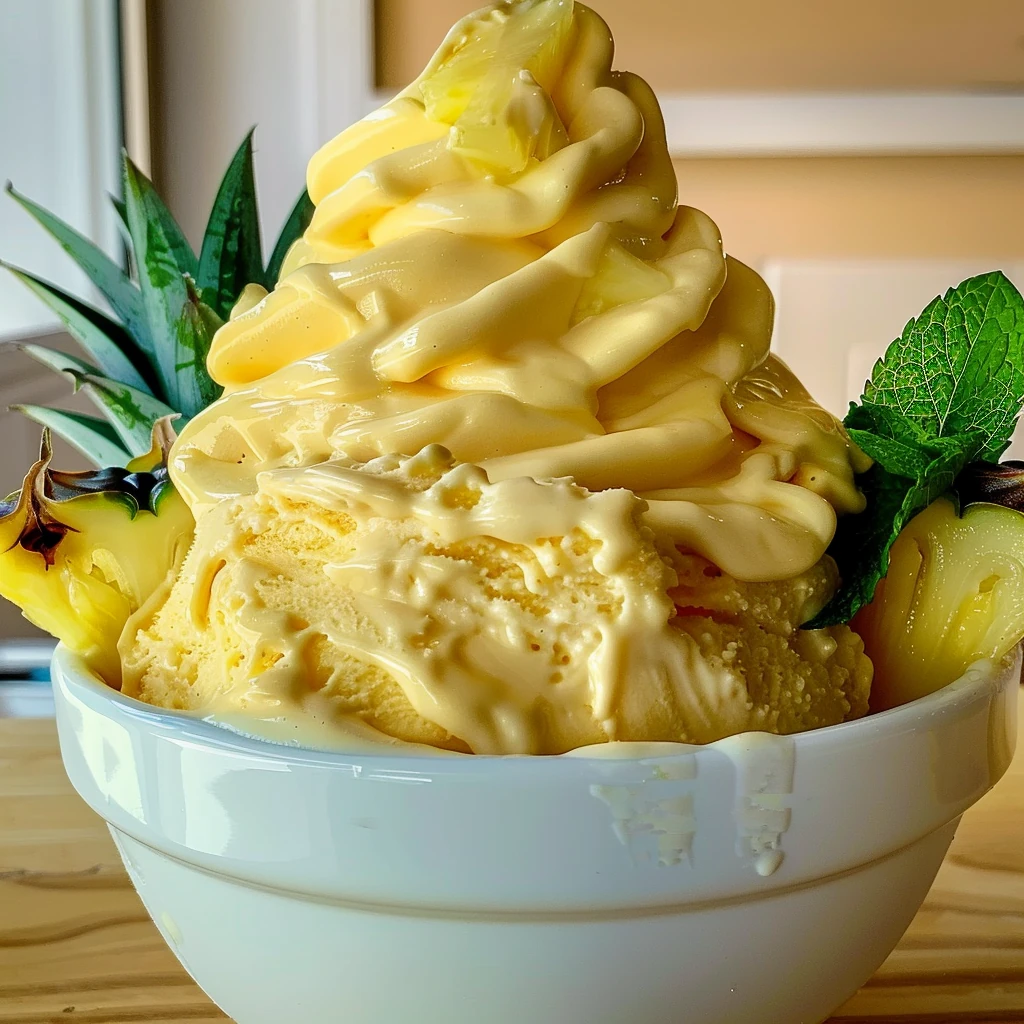 Creamy, golden-yellow Homemade Dole Whip swirled high in a white bowl, garnished with fresh pineapple wedges and vibrant green mint, radiating tropical freshness and soft, velvety texture.