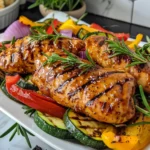 Glazed honey balsamic grilled chicken breasts adorned with fresh rosemary, surrounded by colorful grilled zucchini, red and yellow bell peppers, and red onion on a white platter.