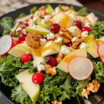Vibrant Kale Apple Walnut Salad with Cranberries and Feta, featuring crisp green apples, ruby red cranberries, toasted walnuts, creamy feta, and thin radish slices artfully arranged on fresh, curly kale leaves in a black serving dish.