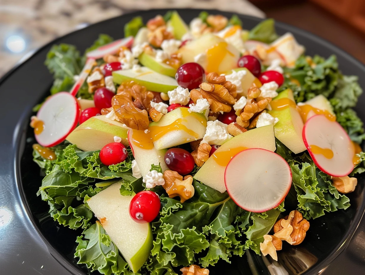 Vibrant Kale Apple Walnut Salad with Cranberries and Feta, featuring crisp green apples, ruby red cranberries, toasted walnuts, creamy feta, and thin radish slices artfully arranged on fresh, curly kale leaves in a black serving dish.