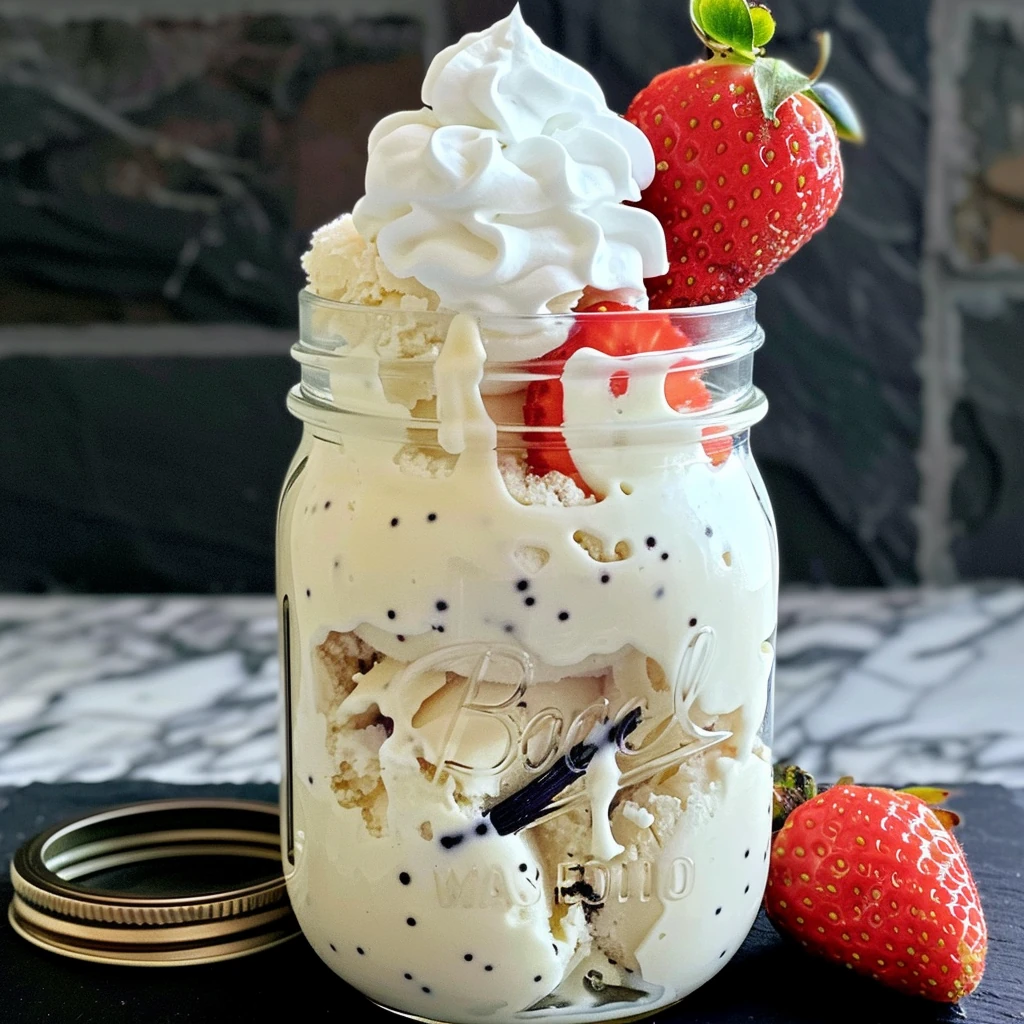 Creamy Mason Jar Vanilla Bean Ice Cream with visible vanilla specks, topped with whipped cream and fresh strawberries, beautifully presented in a clear glass mason jar on marble with extra berries on the side.