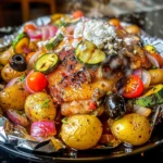 Vivid Mediterranean Chicken Foil Packet Meal with golden baby potatoes, juicy grilled chicken, vibrant zucchini, cherry tomatoes, kalamata olives, red onion, and creamy feta crumbles arranged on shiny foil, bursting with color and fresh appeal