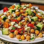 Colorful Mediterranean Quinoa Bean Salad with chickpeas, feta, olives, tomatoes, cucumbers, and parsley, beautifully plated on a white dish, highlighting fresh garden textures and vibrant Mediterranean hues.
