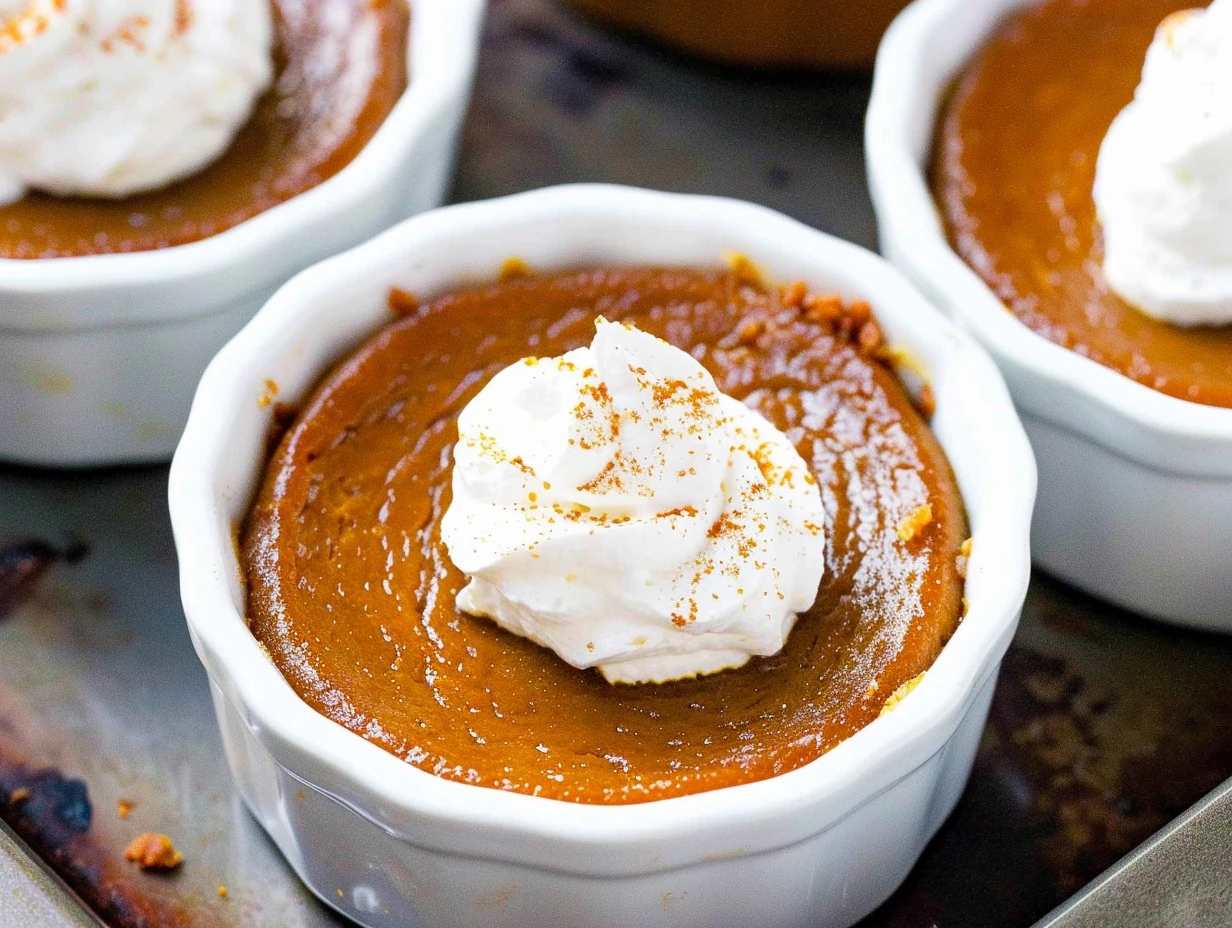Rich orange Mini Keto Crustless Pumpkin Pie in white ramekin, topped with fluffy whipped cream and a dusting of cinnamon, glistening with a glossy, creamy finish.