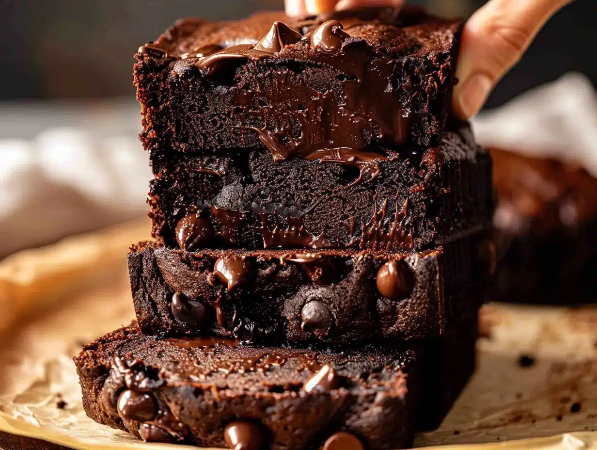 Moist Chocolate Pumpkin Bread with melty chocolate chips, deep brown color, and a glossy, rich texture stacked in thick, tempting slices on parchment paper.