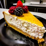 A slice of No-Bake Vanilla Cheesecake with a golden crumb crust, creamy white filling, glossy yellow top, and fresh red and black berries, presented on a black plate in a modern kitchen.