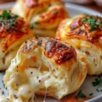 Golden brown Pillsbury Biscuit Garlic Butter Cheese Bombs bursting with gooey melted mozzarella, topped with herbs, and served on a white plate for a delicious, appetizing presentation.