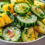 Bright, refreshing Pineapple Cucumber Salad with juicy pineapple, crisp cucumber, red onion, and fresh herbs glistening in a light citrus dressing, served in a white bowl.