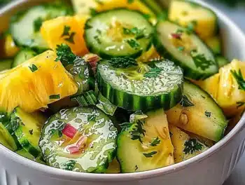 Bright, refreshing Pineapple Cucumber Salad with juicy pineapple, crisp cucumber, red onion, and fresh herbs glistening in a light citrus dressing, served in a white bowl.